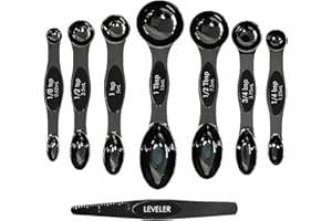 PEDAS PEDIS LIMITED Magnetic Measuring Spoons Set of 8 | Stainless Steel Dual Sided Measure Kitchen Teaspoons and Tablespoon with Leveller | Weighing Dry and Liquid Ingredients for Cooking, Baking (Black)