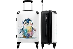 NoBoringSuitcases.com® Valigia Grande - Pinguino - Arcobaleno - Acquerello - Animali - Bambini - Lucchetto a Combinazione TSA - Trolley Rigido 4 Ruote - 90 Litri - Valigia da Viaggio - 66 cm