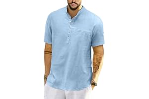 Meilicloth Camicia Lino Uomo Coreana Cotone Manica Corta Estiva Henley Casual con Bottoni Regular Fit