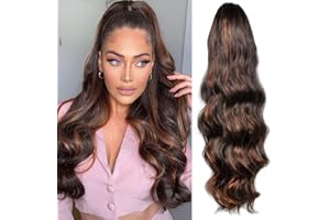 YEESHEDO przedłużki do kucyka dla kobiet, syntetyczne długie fale, na zaciskany sznurek, kucyk z klipsami, 61 cm (kolor ciemnobrązowy z blond akcentami)