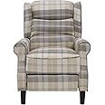 Home Detail Tartan Arm Chair Recliner in Beige or Grey Fabric, Living Room Chairs or Bedroom Chairs with Manual Reclining Function, High Back, Wing Back, Padded Armrests (Beige)