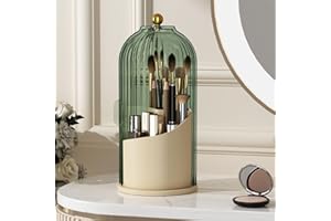 YOOLENS Make-up-Pinselhalter mit Deckel, 360 Grad drehbar, transparent, staubdicht, Make-up-Pinsel-Organizer für Schminktisch, Schreibtisch, Badezimmer, Arbeitsplatte, Grün Beige