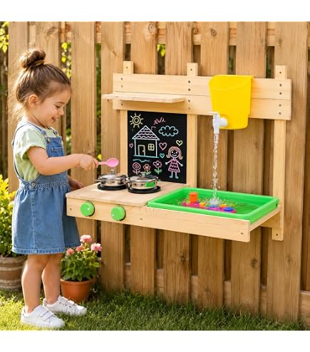GOPLUS Cuisine Exterieur Enfant Double Face, Jouet de Cuisine Enfant en Bois, Divers Accessoires pour 3+ Ans - Jardin