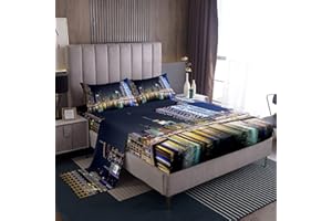 Loussiesd New York City Bed Sheets Set America Style Bedding Set City View Print Fitted Sheets 3Pcs Sheets Includes 1 Sheet & 1 Flat Sheet with 1 Pillowcase Soft Single