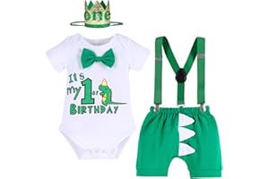 IBAKOM Baby Junge 1.Geburtstag Cake Smash Outfit Dinosaurier Safari Kleidung Fotoshooting Kostüm Kurzarm Strampler + Kurze Hosen + Hosenträger + Stirnband 4tlg Bekleidungssets