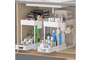 HI NINGER 2 Pack 2 Tier Kitchen Organiser Set, Under Sink Shelf, Drawer Organiser, Liftable Sink Shelf with 8 Hooks, 16 Non-Slip Pads & 2 Hanging Cups