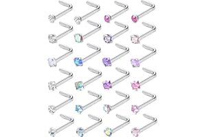 JeweBella 24 szt., 20 g, srebrne kolczyki do nosa, stal chirurgiczna, biżuteria, hipoalergiczna, kolorowa, cyrkonia, opal, mały kolczyk do nosa, w kształcie litery L, dla kobiet, dziewcząt, 24 szt