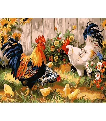 YEESAM ART Malen Nach Zahlen Set – Huhn & Blumengarten, 40x50 Cm Leinwand, Inkl. Pinsel & Farben