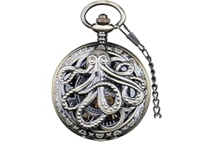 Tiong Vintage Unique Hollow Mechanical Steampunk Pocket Watch with Chain Skeleton Roman Numerals Pocket Watches for Men Gifts & Box