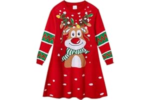 Fanient Świąteczna sukienka z dzianiny, dla dziewcząt, śliczna sukienka bożonarodzeniowa, z nadrukiem, sukienka z długim rękawem, sukienka bożonarodzeniowa dla dziewczynek