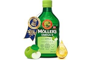 MÖLLER'S Moller’s ® | Huile de foie de morue oméga 3 | Compléments alimentaires oméga-3 avec EPA, DHA, vitamines A, D et E | Prix Superior Taste | Marque vieille de 166 ans | Pomme | 250 ml