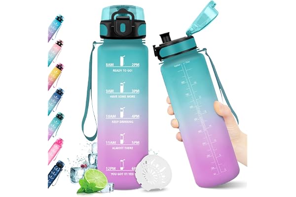 KollyKolla Gourde Sport 1L, Gourde Sport, Bouteille d'eau 1 Litre avec Marqueur de Temps et Filtre, Étanche, sans BPA, Water Bottle pour Enfant, Adulte, l'école, Cyclisme, Fitness, Bureau, Gym