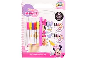 DISNEY STORE Minnie Mouse Wipe-Clean książka z ćwiczeniami, kolorowanka wielokrotnego użytku dla dzieci od 3 lat, 40 stron z zmywalnymi motywami, z 5 pisakami i wiązaniem spiralnym, książka zajęć do malowania i
