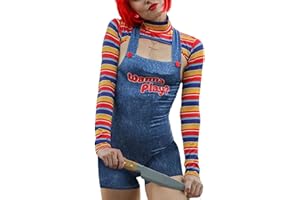 FEMEREINA Disfraz de Halloween para mujer, 2 piezas, disfraz de muñeca asesina de pesadilla aterradora, vestido de personaje de película con inscripción «Wanna Play», conjunto de disfraz de muñeca Chucky