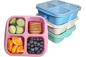 MEEYUU 4 Pack Snack Containers, 4 Compartments Bento Snack Box, Reusable Meal Prep Lunch Containers for Kids Adults, Divided Food Storage Containers for School Work Travel (Green/Blue/Pink/White)