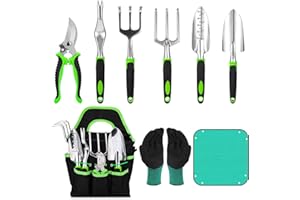 ZHUFAS Outils de Jardinage, 9 Pièces Ensemble d'outils de Jardin avec Sac de Rangement, Râteaux,Transplanter, Gants de, Tapis Végétal, Cadeaux de kit Jardinage pour Homme et Femme