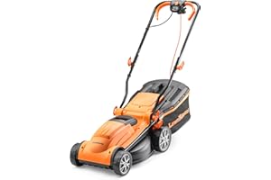 LawnMaster 1400W Electric Lawn Mower with 34cm cutting width, ideal for small to medium sized lawns. With 6 adjustable cutting heights and rear roller for striped finish, 2 year guarantee