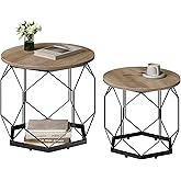 WOLTU Lot de 2 Tables Basses Gigognes, Tables de Salon à Cadre Noir en Métal avec Plateau Rond en Bois Composite, Style Indus