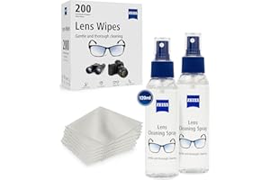 OESMO Zeiss Lens Wipes - Pack of 200 + Zeiss Lens Cleaning Spray (2x120ml) + 6 Microfibre Glasses Cloths – Glasses Cleaner Spray, Lens Cleaner for Glasses & Cleaning Kit