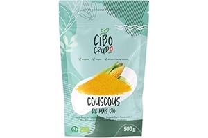 CIBO CRUDO CRUDO BIOLOGICO VEGAN Cous Cous de Mais Bio - 500g. Semoule de CousCous Sans Gluten Riche en Fibres. Contient Vitamines A B et C et Minéraux comme le Fer Magnésium et le Phosphore.