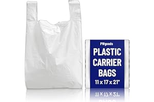 PWGOODS Plastic Carrier Bags White - 11x17x21" - 100 Pack - Medium Duty 18mu - Plastic Bags with Handles