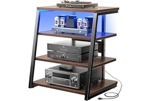 iSunirm AV Media Stand with Outlets, 4-Tier Media Console with LED Lights, Record Player Stand With Storage Shelves, Stereo Racks and Stands Media Audio Tower Cabinet, Dark Walnut