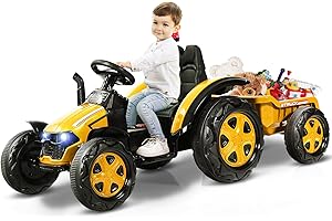 COSTWAY Trattore Elettrico per Bambini con Rimorchio, 2 in 1 Go Kart e Trattore per Bambini 3-8 Anni, con Telecomando e Cintura di Sicurezza a 2 Punti (Giallo)