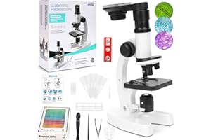 LANGRAY Microscopio Bambini 300X-1200X Professionale Con Vetrini, Portatile Con Luce LED e Supporto - Esperimenti Scientifici per Studenti, Laboratorio Scolastico