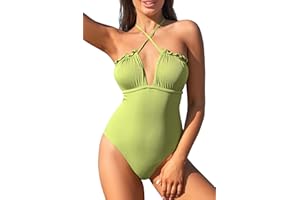 SHEKINI Mujer Traje de baño Una Pieza Profundo Cuello en V Fruncido Halter Bañador One Piece Retro Ajustables Ties-Up Monokini Control Abdomen Ropa de Playa