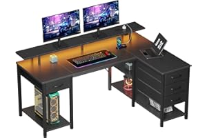 Seventable Bureau d’Angle en L 120 cm avec LED, Ports USB et Prise, tiroirs modulables et Support écran – Bureau Informatique Moderne avec rangements, Noir