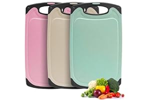 AUTUTER Schneidebrett Set 3 Stück Weizenstroh Küche Schneidebretter BPA Frei mit Saftrillen Leicht Zu Greifen, Hängenden Löchern, Rutschfestem, Spülmaschinenfestem Schneidebrett (Beige + Grün + Pink)
