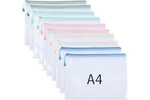 JAAOYOO 10 Pack Plastic Wallets A4 Zip Folders, Waterproof Mesh Document Wallet A4 Zipper File Folders Translucent Zipper Pouches, Zip Bags for Office Homework Puzzles