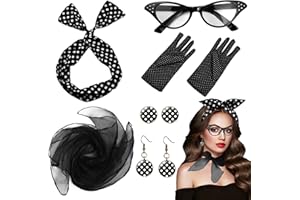 KARJIAJA 6 Stücke Rockabilly Accessoires Damen, 50er Jahre Kleider Damen Zubehör retro accessoires 50er kostüm 50er jahre damen set chiffon schal katzenauge brille Polka Dot Stirnband Ohrringe Handschuhe