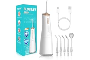 FlossJet Jet Dentaire Hydropulsuer Professionnel,Irrigateur Oral de 300ML,5 Buses 4 Modes USB Chargé Étanche IPX7,Jet Dentaire de Voyage,Hydropulseur Dentaire Sans Fil Portable Water Flosser(Blanc)