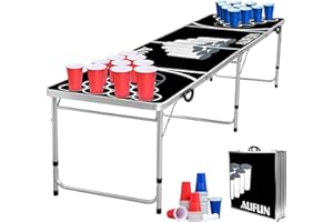 NAIZY Tavolo da Beer Pong per Feste Tavolo da Beer Pong con 100 Bicchieri (50 Rossi e 50 Blu), 5 Palline, Tavolo da Beer Pong Regolabile in Altezza in Alluminio e MDF - 242 x 62 cm Nero
