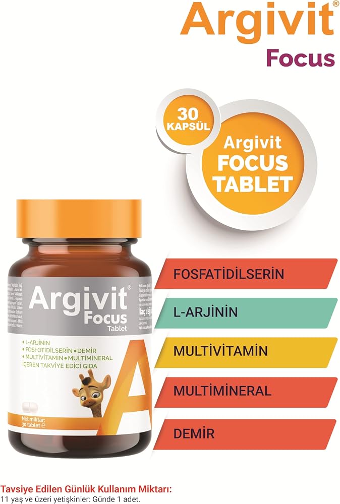 Argivit Focus LArjinin, Fosfotidilserin, Demir, Multivitamin ve Multimineral İçeren Tablet 30 Tablet