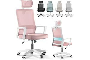 JUPPLIES Silla Escritorio Ergonomica - Silla Oficina Ajustable y Reclinable con Soporte Lumbar, Reposacabezas Ajustable, Malla Transpirable, Ruedas Giratorias 360° Soporta hasta 100kg (Rosa)