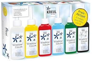 KREUL 42847 - Window Color Aktionsset, 6 x 80 ml Fenstermalfarbe in weiß, gelb, rot, blau und grün, inkl. 80 ml Konturenfarbe in schwarz, für kreative Kinder mit Spezialfolie und Malvorlagen