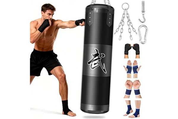 ASBRAVO Upphängd Punching Bag Set för Vuxna, Tonåringar & Barn, 120cm Oxfordtyg med Takhake, Kedja, Wrap & Handledsskydd för MMA, Karate, Kickboxning, Boxning Hemmagym Träning (Utan Fyllning)