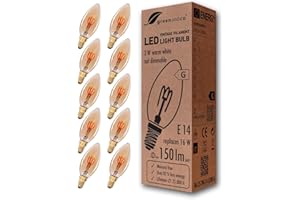greenandco 10x Ampoule à Filament LED Vintage | ambre | E14 C35 | 2W 150lm | 2000K blanc extra chaud | 360° | 230V | sans scintillement | non-dimmable