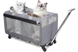 Orifesio Cat Carrier for 2 Cats, Double-Compartment Pet Rolling Carrier with Detachable Wheels, Foldable Puppy Travel Bag Support Up to 35 LBS, Ideal for Traveling/Hiking/Camping, Grey