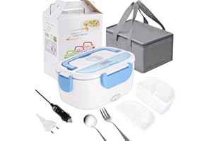 Nifogo Fiambrera Eléctrica Portátil 60W Calentador de Comida12V 24V y 220V para Coche,camión y Trabajo Acero Inoxidable 1,5L Tartera Termo Comida Con gris bolsa térmica y juego de cubiertos(Azul)