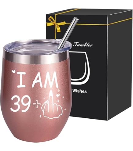 KKSJK 40e verjaardag wijnbeker roestvrij staal vrouwen, 40e verjaardag geschenken wijn cadeau, 12oz wijnglazen met deksel, rietje en rietjesborstel (40