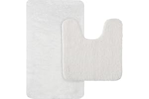 MIULEE 2 Piezas Alfombra de Pelusa Rizada Suave Antipolvo Antideslizante Absorbente Alfombra Lavable para Dormitorio Baño Una Forma de Rectángulo 40 x 60cm y Una Forma de U 45 x 45cm Blanco