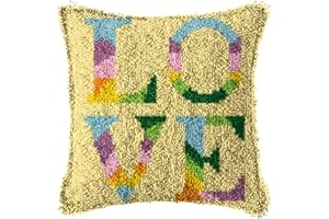 SxLingerie Knüpfkissen Knüpfen Set Für Kinder Erwachsene Zum Selber Knüpfen DIY Kissenbezug Gedruckt Love Muster Leinwand Häkeln Handarbeiten Zottelig Kissenbezug Basteln Latch Hook Kit 43X43cm