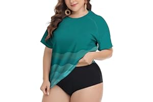 FOREYOND Plus Size Swim Tops Women Short Sleeve Rash Guard Shirts UPF 50+ Sun Protection Swimwear Swim Suits