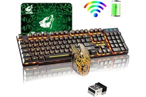LEXONELEC Wireless Keyboard Mouse Combo LED Backlit 2.4G Rechargeable Mechanical Feel 104 Keys Gaming Keyboard + 2400DPI 6 Buttons Optical Orange LED Gaming Mouse + Free Mouse Pads for PC Laptop