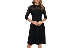 HOMEYEE Damen Elegant Spitze 3/4 Ärmel Rockabilly Kleid Retro Knielang Cocktailkleid für Hochzeit A368