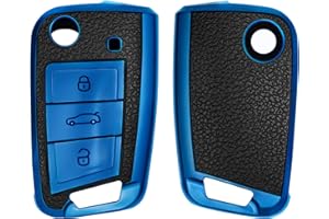 kwmobile Key Cover Compatible with VW Golf 7 MK7 3 Button Car Key - TPU Leather Look Car Key Fob Protector - Blue/Black
