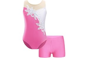 ranrann Enfant Fille Justaucorps Gymnastique sans Manche Strass Paillette Brillant avec Short Tenue Patinage Danse Costume Spectacle 5-16 Ans